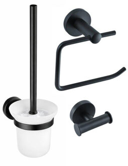 FortiFura Calvi Toiletset 3-delig - toiletrolhouder zonder klep - toiletborstel - handdoekhaak dubbel rond - Mat Zwart SW639933 SW1211594 SW639936 Mat zwart mat
