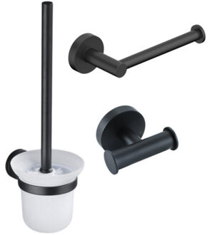 FortiFura Calvi Toiletset 3-delig - toiletrolhouder zonder klep - toiletborstel - handdoekhaak dubbel rond - mat zwart SW639936 SW639935 SW1211594 Zwart mat
