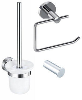 FortiFura Calvi Toiletset 3-delig - toiletrolhouder zonder klep - toiletborstel - handdoekhaak enkel rond - chroom SW639923 SW1211590 SW639924