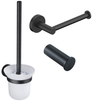 FortiFura Calvi Toiletset 3-delig - toiletrolhouder zonder klep - toiletborstel - handdoekhaak enkel rond - mat zwart SW639936 SW639935 SW1211586 Zwart mat
