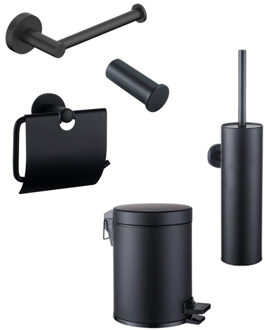 FortiFura Calvi Toiletset 5-delig - toiletrolhouder - reserverolhouder - toiletborstelhouder - handdoekhaak - pedaalemmer - mat zwart SW1183143/SW639935/SW1111541/SW1211586/SW1111577 Zwart mat