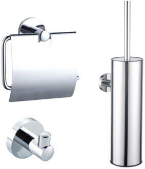 FortiFura Calvi Toiletset - toiletborstelhouder - gesloten - handdoekhaak - toiletrolhouder - met klep - chroom SW1111539/SW639922/SW1183142