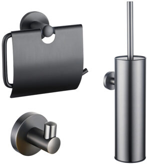 FortiFura Calvi Toiletset - toiletborstelhouder - gesloten - handdoekhaak - toiletrolhouder - met klep - geborsteld gunmetal SW1183147/SW1111545/SW721175 Gunmetal geborsteld (antraciet)