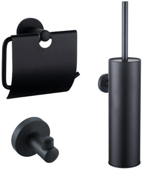 FortiFura Calvi Toiletset - toiletborstelhouder - gesloten - handdoekhaak - toiletrolhouder - met klep - mat zwart SW1183143/SW1111541/SW639932 Zwart mat