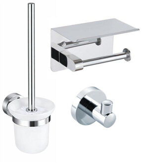 FortiFura Calvi Toiletset - toiletrolhouder met klep- toiletborstel - handoekhaak - chroom SW1183142/SW1183056/SW639922