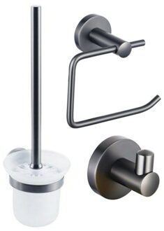 FortiFura Calvi Toiletset - toiletrolhouder met klep- toiletborstel - handoekhaak - geborsteld gunmetal PVD SW1183147/SW721175/SW721173 Gunmetal geborsteld (antraciet)