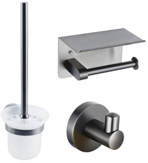 FortiFura Calvi Toiletset- toiletrolhouder- toiletborstel - handoekhaak - geborsteld gunmetal PVD SW1183052/SW721175/SW721173 Gunmetal geborsteld (antraciet)