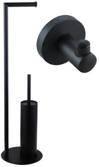 FortiFura Calvi vrijstaande toiletrolhouder met toiletborstel - met handoekhaak - mat zwart SW1189058/SW639932 Zwart mat
