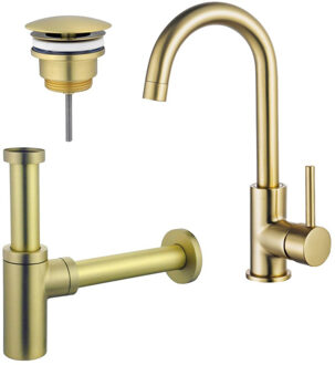 FortiFura Calvi Wastafelkraanset - hoge wastafelkraan - draaibare uitloop - always open plug - design sifon - Geborsteld Messing PVD (Goud) SW809349/SW696208/SW696213 Messing geborsteld (goud)
