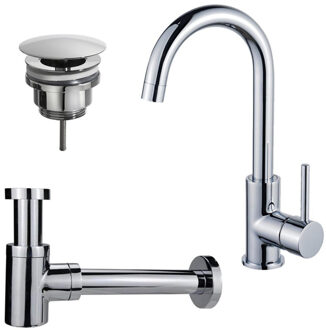 FortiFura Calvi Wastafelkraanset - hoge wastafelkraan - draaibare uitloop - always open plug - verlaagde design sifon - Chroom SW809346/SW696209/SW696219