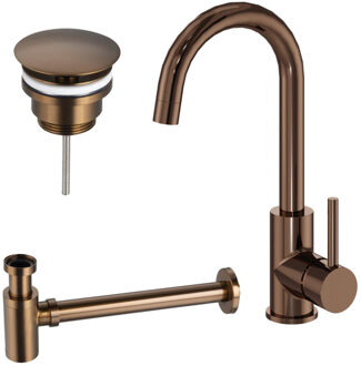 FortiFura Calvi Wastafelkraanset - hoge wastafelkraan - draaibare uitloop - always open plug - verlaagde design sifon - Geborsteld koper PVD (Koper) SW799403 / SW799405 / SW970035 Koper geborsteld