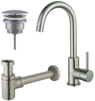 FortiFura Calvi Wastafelkraanset - hoge wastafelkraan - draaibare uitloop - always open plug - verlaagde design sifon - Geborsteld RVS PVD (RVS) SW809348/SW696207/SW696217 RVS geborsteld