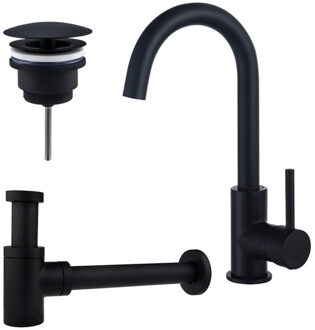 FortiFura Calvi Wastafelkraanset - hoge wastafelkraan - draaibare uitloop - always open plug - verlaagde design sifon - Mat zwart SW809347/SW696205/SW696215 Zwart mat