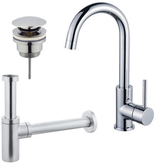 FortiFura Calvi Wastafelkraanset - hoge wastafelkraan - draaibare uitloop - klikwaste plug - design sifon - Chroom SW809346/SW696203/SW696214
