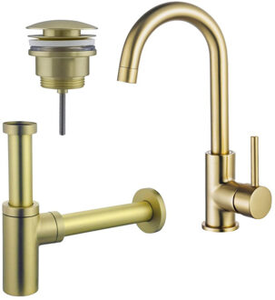FortiFura Calvi Wastafelkraanset - hoge wastafelkraan - draaibare uitloop - klikwaste plug - design sifon - Geborsteld Messing PVD (Goud) SW809349/SW696202/SW696213 Messing geborsteld (goud)