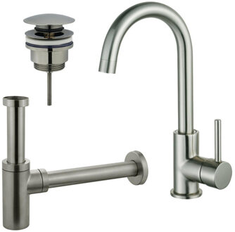 FortiFura Calvi Wastafelkraanset - hoge wastafelkraan - draaibare uitloop - klikwaste plug - design sifon - Geborsteld RVS PVD (RVS) SW809348/SW696201/SW696212 RVS geborsteld