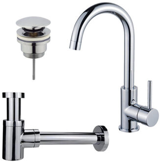 FortiFura Calvi Wastafelkraanset - hoge wastafelkraan - draaibare uitloop - klikwaste plug - verlaagde design sifon - Chroom SW809346/SW696203/SW696219