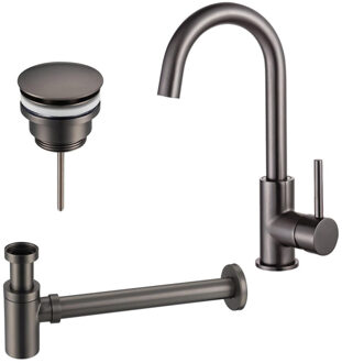 FortiFura Calvi Wastafelkraanset - hoge wastafelkraan - draaibare uitloop - klikwaste plug - verlaagde design sifon - Geborsteld Gunmetal PVD SW809350/SW767288/SW767295 Gunmetal geborsteld (antraciet)
