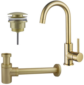 FortiFura Calvi Wastafelkraanset - hoge wastafelkraan - draaibare uitloop - klikwaste plug - verlaagde design sifon - Geborsteld Messing PVD (Goud) SW809349/SW696202/SW696218 Messing geborsteld (goud)