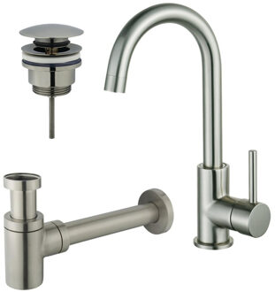 FortiFura Calvi Wastafelkraanset - hoge wastafelkraan - draaibare uitloop - klikwaste plug - verlaagde design sifon - Geborsteld RVS PVD (RVS) SW809348/SW696201/SW696217 RVS geborsteld