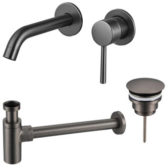 FortiFura Calvi Wastafelkraanset - inbouw wastafelkraan - always open plug - design sifon - Geborsteld Gunmetal PVD SW766534/SW769487/SW767297 Gunmetal geborsteld (antraciet)