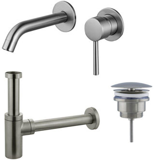 FortiFura Calvi Wastafelkraanset - inbouw wastafelkraan - always open plug - design sifon - Geborsteld RVS PVD (RVS) SW377860/SW696207/SW696212 RVS geborsteld