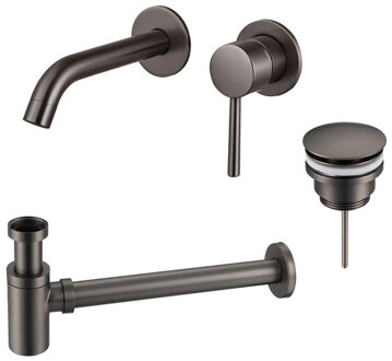 FortiFura Calvi Wastafelkraanset - inbouw wastafelkraan - klikwaste plug - verlaagde design sifon - Geborsteld Gunmetal PVD SW766534/SW767288/SW767295 Gunmetal geborsteld (antraciet)