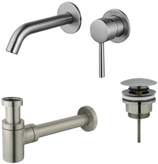 FortiFura Calvi Wastafelkraanset - inbouw wastafelkraan - klikwaste plug - verlaagde design sifon - Geborsteld RVS PVD (RVS) SW377860/SW696201/SW696217 RVS geborsteld