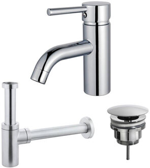FortiFura Calvi Wastafelkraanset - lage wastafelkraan - always open plug - design sifon - Chroom SW377810/SW696209/SW696214