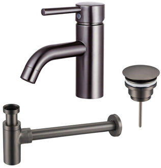 FortiFura Calvi Wastafelkraanset - lage wastafelkraan - always open plug - design sifon - Geborsteld Gunmetal PVD SW766540/SW769487/SW767297 Gunmetal geborsteld (antraciet)