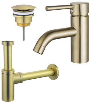 FortiFura Calvi Wastafelkraanset - lage wastafelkraan - always open plug - design sifon - Geborsteld Messing PVD (Goud) SW720547/SW696208/SW696213 Messing geborsteld (goud)
