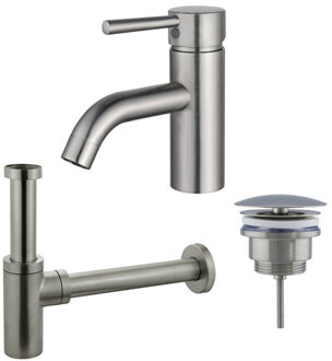 FortiFura Calvi Wastafelkraanset - lage wastafelkraan - always open plug - design sifon - Geborsteld RVS PVD (RVS) SW377856/SW696207/SW696212 RVS geborsteld
