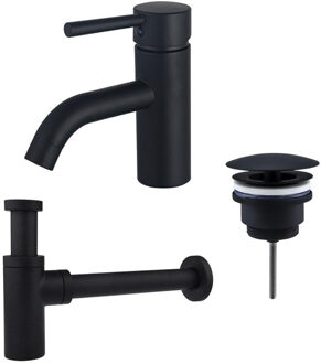 FortiFura Calvi Wastafelkraanset - lage wastafelkraan - always open plug - design sifon - Mat zwart SW377833/SW696205/SW696210 Zwart mat
