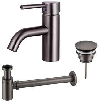 FortiFura Calvi Wastafelkraanset - lage wastafelkraan - always open plug - verlaagde design sifon - Geborsteld Gunmetal PVD SW766540/SW769487/SW767295 Gunmetal geborsteld (antraciet)