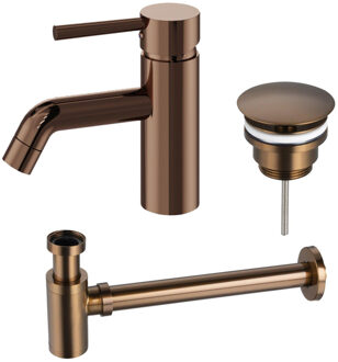 FortiFura Calvi Wastafelkraanset - lage wastafelkraan - always open plug - verlaagde design sifon - Geborsteld koper PVD (Koper) SW799405/ SW970031 / SW799403 Koper geborsteld