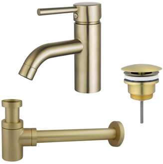 FortiFura Calvi Wastafelkraanset - lage wastafelkraan - always open plug - verlaagde design sifon - Geborsteld Messing PVD (Goud) SW720547/SW696208/SW696218 Messing geborsteld (goud)