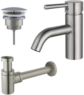 FortiFura Calvi Wastafelkraanset - lage wastafelkraan - always open plug - verlaagde design sifon - Geborsteld RVS PVD (RVS) SW377856/SW696207/SW696217 RVS geborsteld