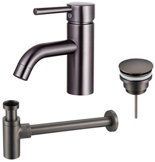FortiFura Calvi Wastafelkraanset - lage wastafelkraan - klikwaste plug - design sifon - Geborsteld Gunmetal PVD SW766540/SW767288/SW767297 Gunmetal geborsteld (antraciet)