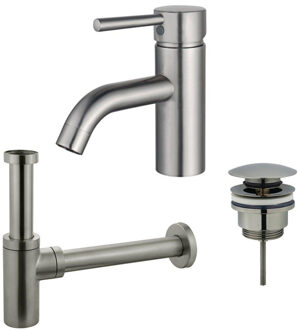 FortiFura Calvi Wastafelkraanset - lage wastafelkraan - klikwaste plug - design sifon - Geborsteld RVS PVD (RVS) SW377856/SW696201/SW696212 RVS geborsteld