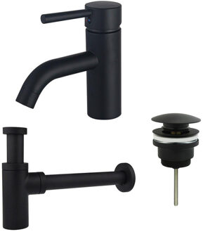 FortiFura Calvi Wastafelkraanset - lage wastafelkraan - klikwaste plug - design sifon - Mat zwart SW377833/SW696199/SW696210 Zwart mat