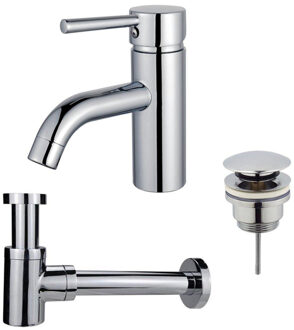FortiFura Calvi Wastafelkraanset - lage wastafelkraan - klikwaste plug - verlaagde design sifon - Chroom SW377810/SW696203/SW696219