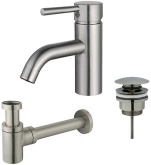 FortiFura Calvi Wastafelkraanset - lage wastafelkraan - klikwaste plug - verlaagde design sifon - Geborsteld RVS PVD (RVS) SW377856/SW696201/SW696217 RVS geborsteld