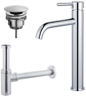 FortiFura Calvi Wastafelkraanset - verhoogde wastafelkraan - always open plug - design sifon - Chroom SW377811/SW696209/SW696214