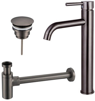 FortiFura Calvi Wastafelkraanset - verhoogde wastafelkraan - always open plug - design sifon - Geborsteld Gunmetal PVD SW766541/SW769487/SW767297 Gunmetal geborsteld (antraciet)