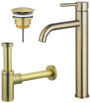 FortiFura Calvi Wastafelkraanset - verhoogde wastafelkraan - always open plug - design sifon - Geborsteld Messing PVD (Goud) SW720549/SW696208/SW696213 Messing geborsteld (goud)