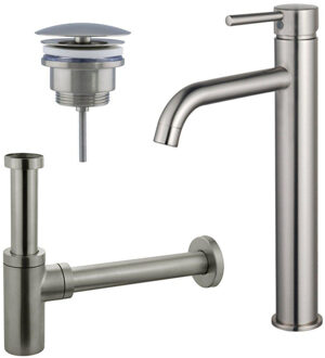 FortiFura Calvi Wastafelkraanset - verhoogde wastafelkraan - always open plug - design sifon - Geborsteld RVS PVD (RVS) SW377857/SW696207/SW696212 RVS geborsteld
