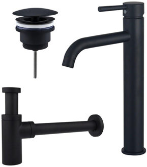 FortiFura Calvi Wastafelkraanset - verhoogde wastafelkraan - always open plug - design sifon - Mat zwart SW377834/SW696205/SW696210 Zwart mat