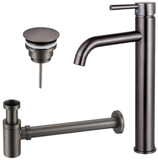 FortiFura Calvi Wastafelkraanset - verhoogde wastafelkraan - always open plug - verlaagde design sifon - Geborsteld Gunmetal PVD SW766541/SW769487/SW767295 Gunmetal geborsteld (antraciet)