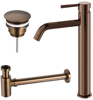 FortiFura Calvi Wastafelkraanset - verhoogde wastafelkraan - always open plug - verlaagde design sifon - Geborsteld koper PVD (Koper) SW970032 / SW799403 / SW799405 Koper geborsteld