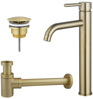 FortiFura Calvi Wastafelkraanset - verhoogde wastafelkraan - always open plug - verlaagde design sifon - Geborsteld Messing PVD (Goud) SW720549/SW696208/SW696218 Messing geborsteld (goud)